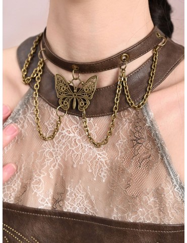 Collier papillon décoré brun clair style Wasteland Punk