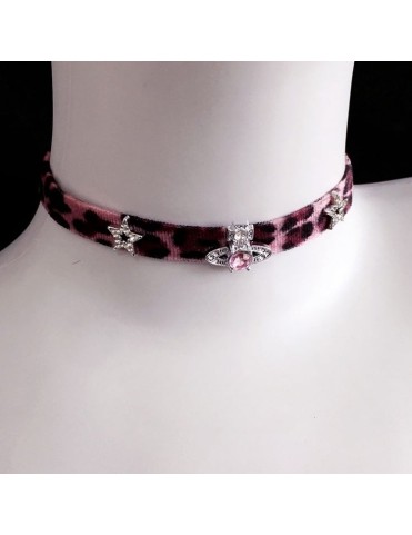Col léopard rose avec étoiles et strass