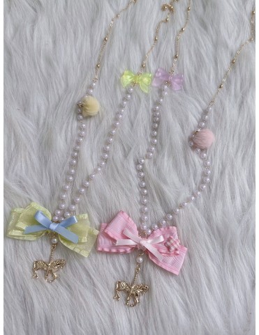 Collier Sweet Lolita avec Nœud Rose/Jaune et Pendentif Carrousel