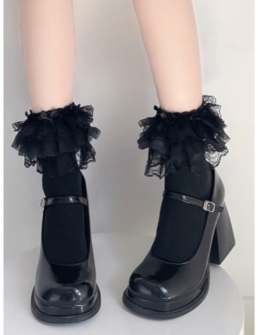 Chaussettes en dentelle à trois couches avec nœud noir et blanc