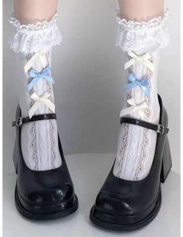 Chaussettes à volants et nœuds bleus et jaunes crème