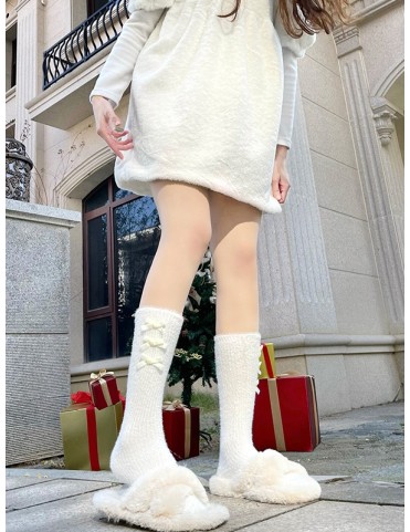 Chaussettes montantes en peluche crème/noir/rose avec nœuds