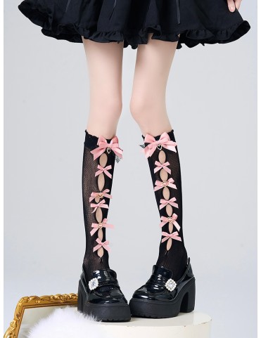 Chaussettes mi-mollet décoratives à nœud et découpes Jirai Kei
