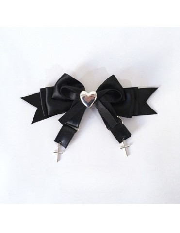 Barrettes nœud noir/rose avec strass cœur et breloques croix