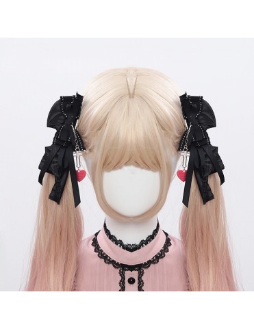 Barrettes nœud papillon Black Jirai avec ruban et breloque cœur rose