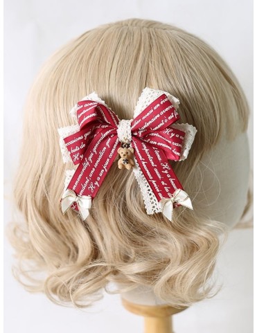 Barrette Lolita à nœud, dentelle et breloque ours