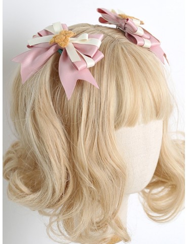 Barrette nœud rose et beige avec décor ours