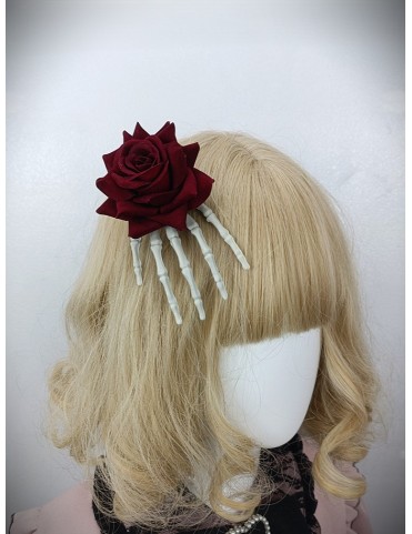 Barrette Rose Rouge et Griffe de Squelette