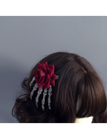 Barrette Main Squelettique avec Rose Rouge