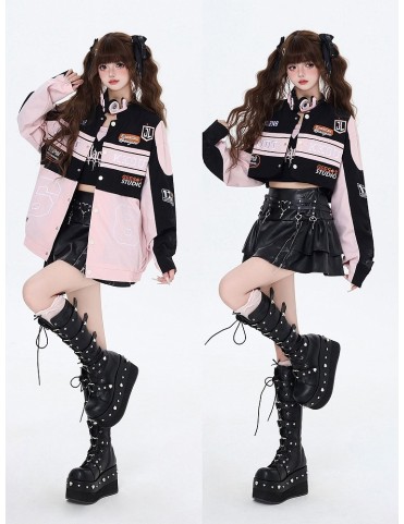 Veste de baseball 2-en-1 amovible noire et rose