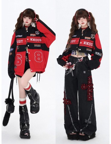 Veste de baseball bi-couleur noire et rouge avec doublure polaire amov