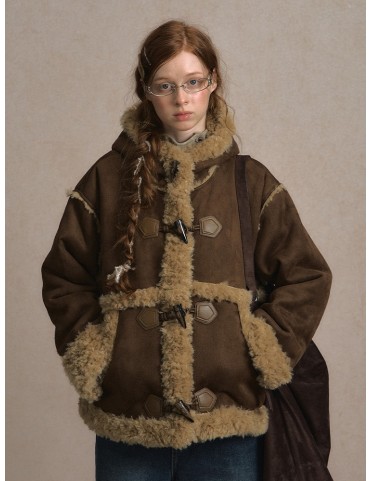 Manteau caban en suède mélangé avec capuche et bordures en polaire con
