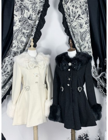 Manteau ceinturé noir/beige Jirai Kei avec col et poignets amovibles e