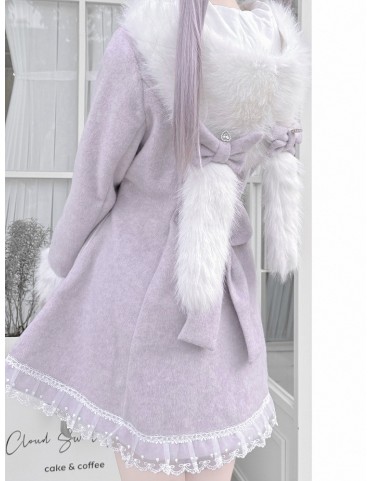 Manteau ajusté violet poudré Jirai Kei avec capuche et nœud lapin amov