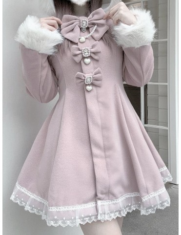 Manteau trapèze rose Jirai Kei avec capuche et nœuds en fausse fourrur