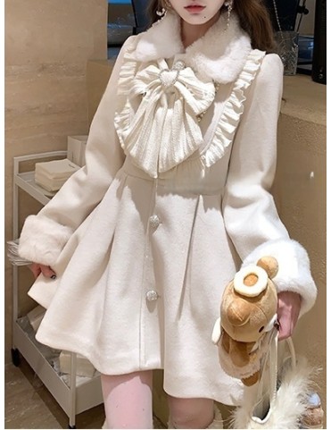 Robe manteau en laine polie Jirai Kei - Garniture en fausse fourrure e