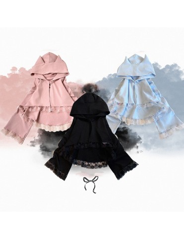 Cape courte à oreilles de chat et détails en dentelle | Noir / Rose /