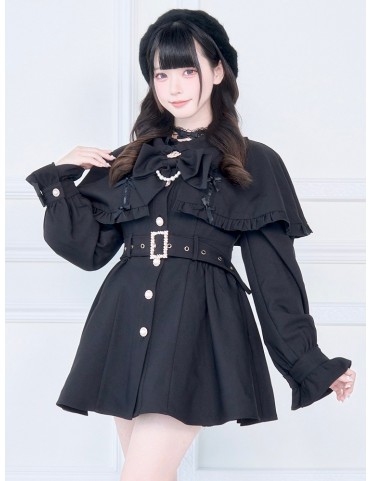 Cape noire Jirai Kei - Boutonnage avant, ceinture à boucle et cravate