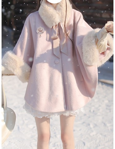 Cape en laine rose bonbon avec col amovible