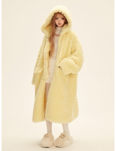 Manteau long en polaire à capuche et cordon de serrage jaune hivernal