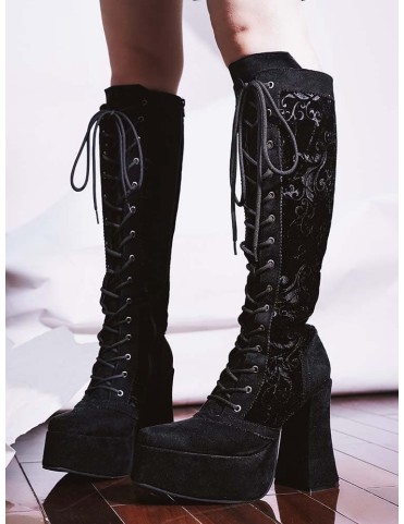 Bottines montantes en velours noir gothique à lacets et à plateforme