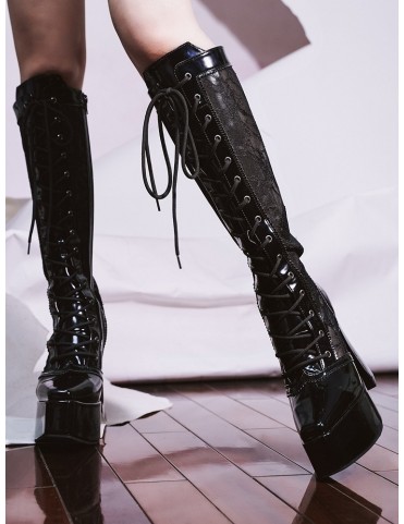 Bottines montantes en dentelle gothique noire à lacets et à plateforme