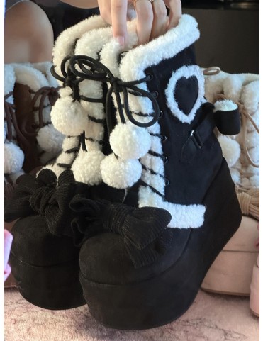 Bottines plateforme noires à lacets et nœuds, style Sweet Lolita