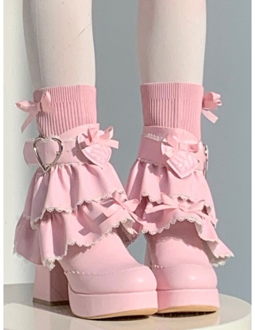 Bottines Lolita rose à plateforme - Talon bloc haut, col chaussette av