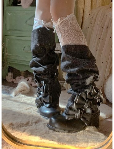 Bottines à talons mi-hauts noires amères superposées - Accents nœud et