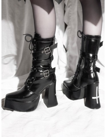 Bottines gothiques à plateforme et talon bloc - Boucle, laçage et zip