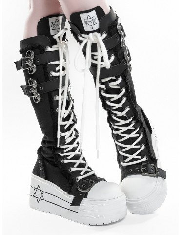 Bottines montantes Punk à plateforme - Détail brut avec imprimé hexagr