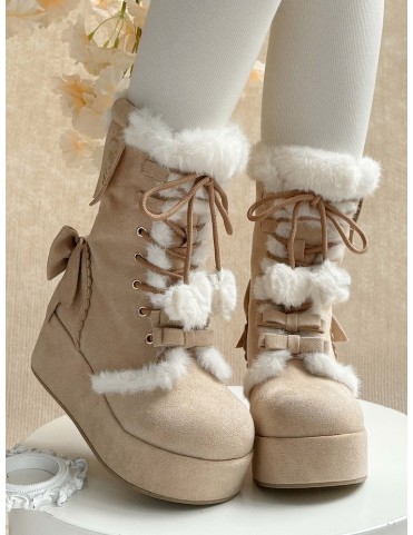Bottines Lolita marron à plateforme 4cm, doublure polaire, lacets et n