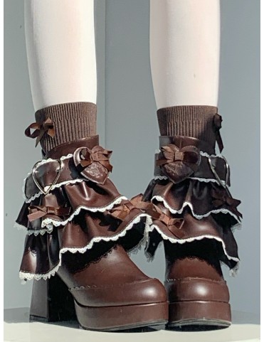 Bottines Sweet Lolita marron en PU - Volants superposés et fermoir cœu