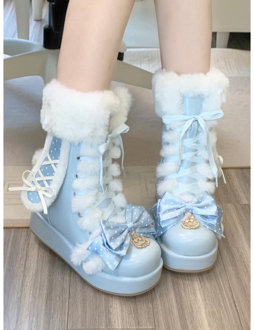 Bottines d'hiver bleues à motif lapin pour Lolita avec nœud et laçage