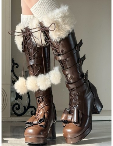 Bottines Lolita élégantes marron foncé pour l'hiver - avec nœud et fer