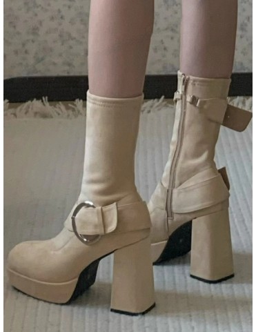 Bottines montantes kaki Lolita à plateforme et talon bloc carré