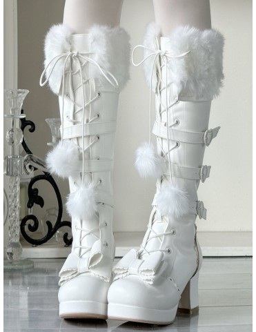 Bottines crème mi-mollet à talon moyen en PU - Manchon duveteux avec p
