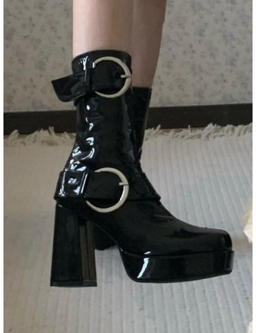 Bottines mi-mollet en cuir noir poli