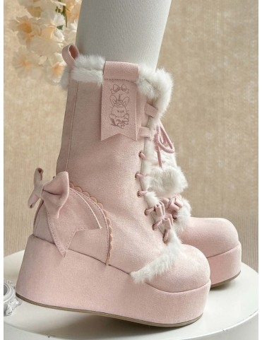 Bottines Lolita rose 4cm - Lacets étoile & cœur avec nœuds