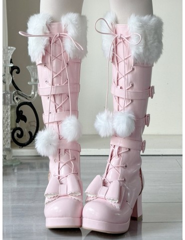 Bottines Lolita rose Sakura élégantes - Col en peluche avec lacets à p