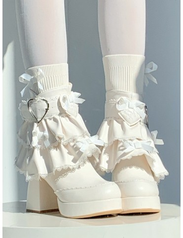 Bottines blanches Sweet Lolita à talons épais et boucle cœur