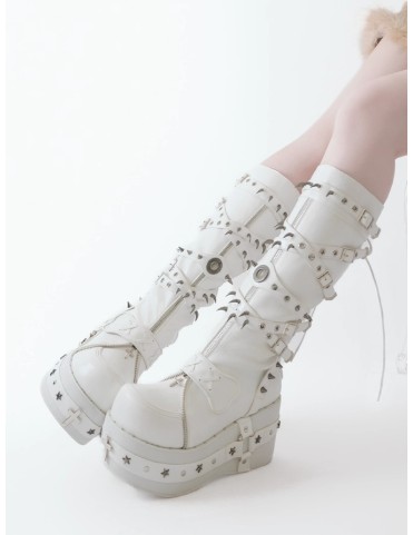 Bottines blanches punk à lacets - Semelle plateforme, détails croisés