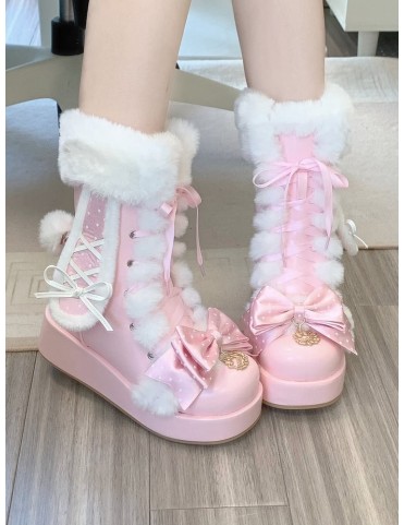 Bottines Lolita Rose Fraise avec Détails Lapin et Manchon Doux à Pois