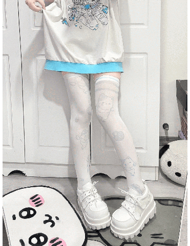 Chaussettes longues imprimées chat Aqua Blue - Style Yami Kawaii