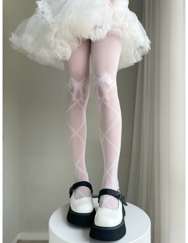 Collants Lolita à nœud et imprimé croisé semi-transparents noir/blanc