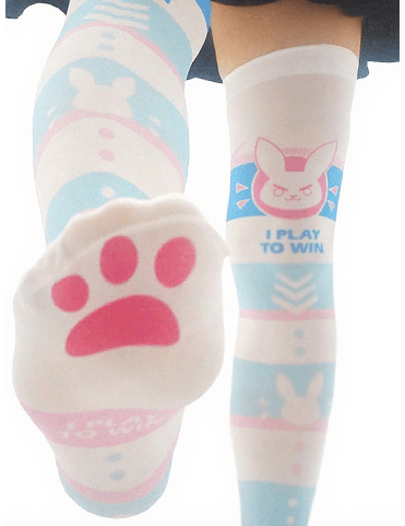 Chaussettes rayées bleu et blanc avec motif lapin et patte de chat