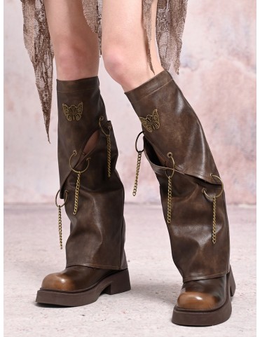 Chaussettes montantes 'Papillons et Chaînes' marron style Punk