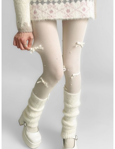 Collants tricotés blancs crème/rose & blancs/noirs avec nœuds et perle