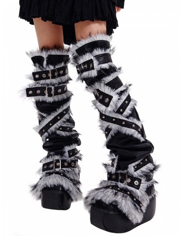 Chaussettes montantes grises Punk en PU avec lanières à clous et bordu