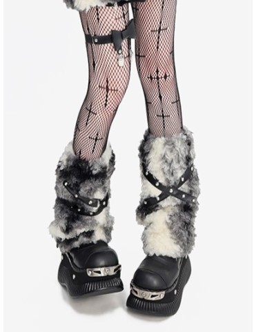 Chaussettes montantes fausse fourrure kaki & beige/noir & beige avec b
